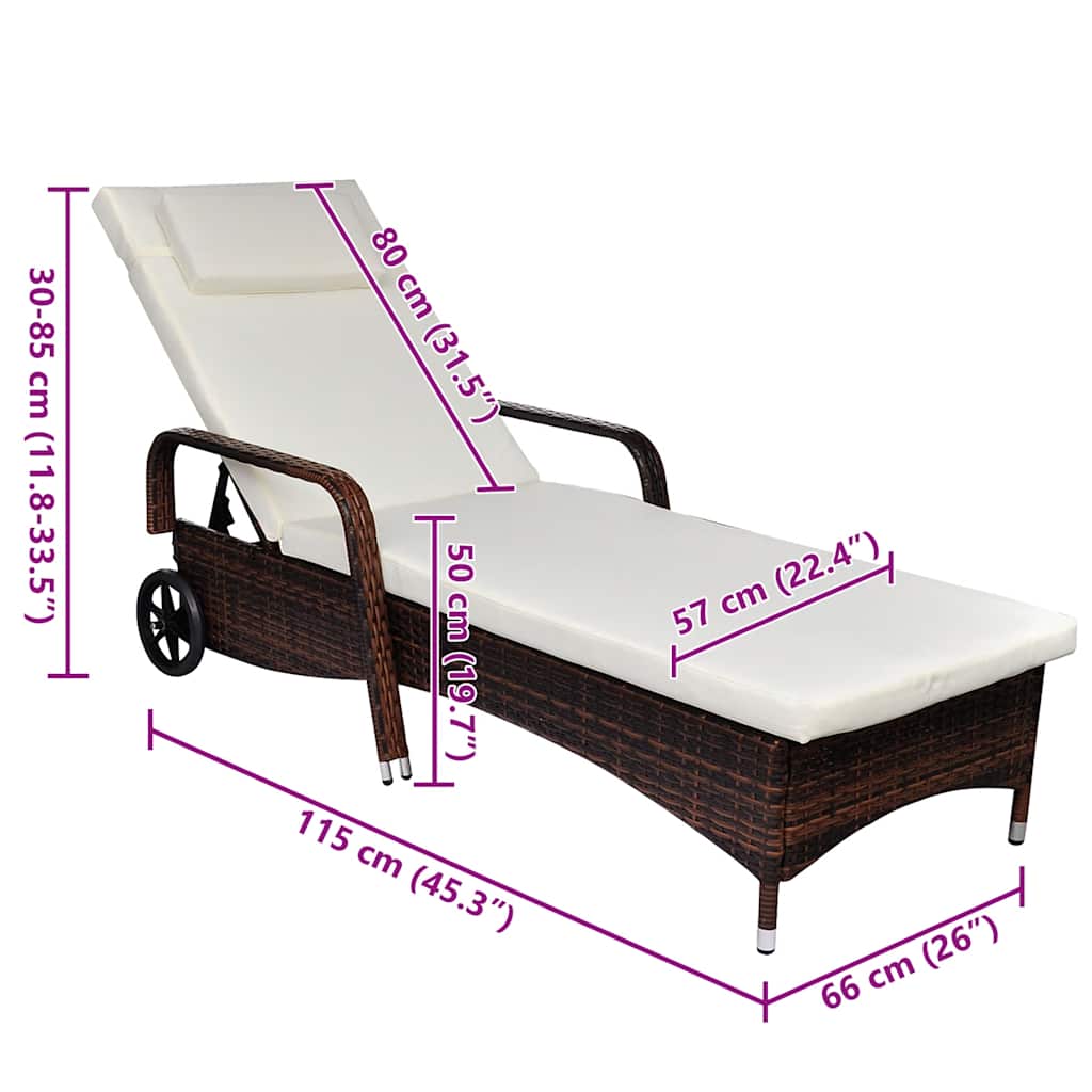 Sun Lounger with Wheels Poly Rattan Brown